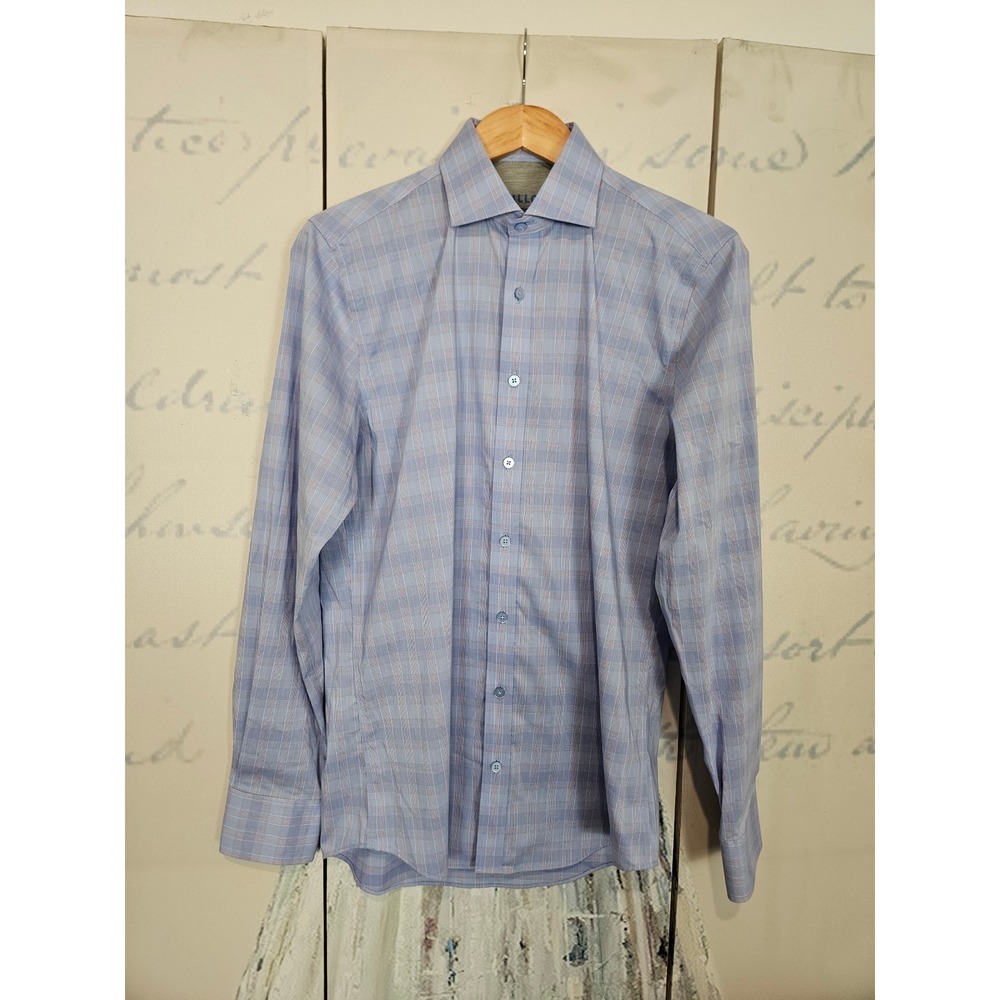 Twillory Performance Dress‎ Shirt 15.5 34-35 Blue Plaid Tailored Fit Coolmax
